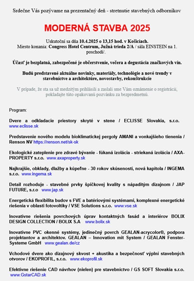 MODERNÁ STAVBA - nové trendy, materiály, riešenia (10.4.2025 v Košiciach)
