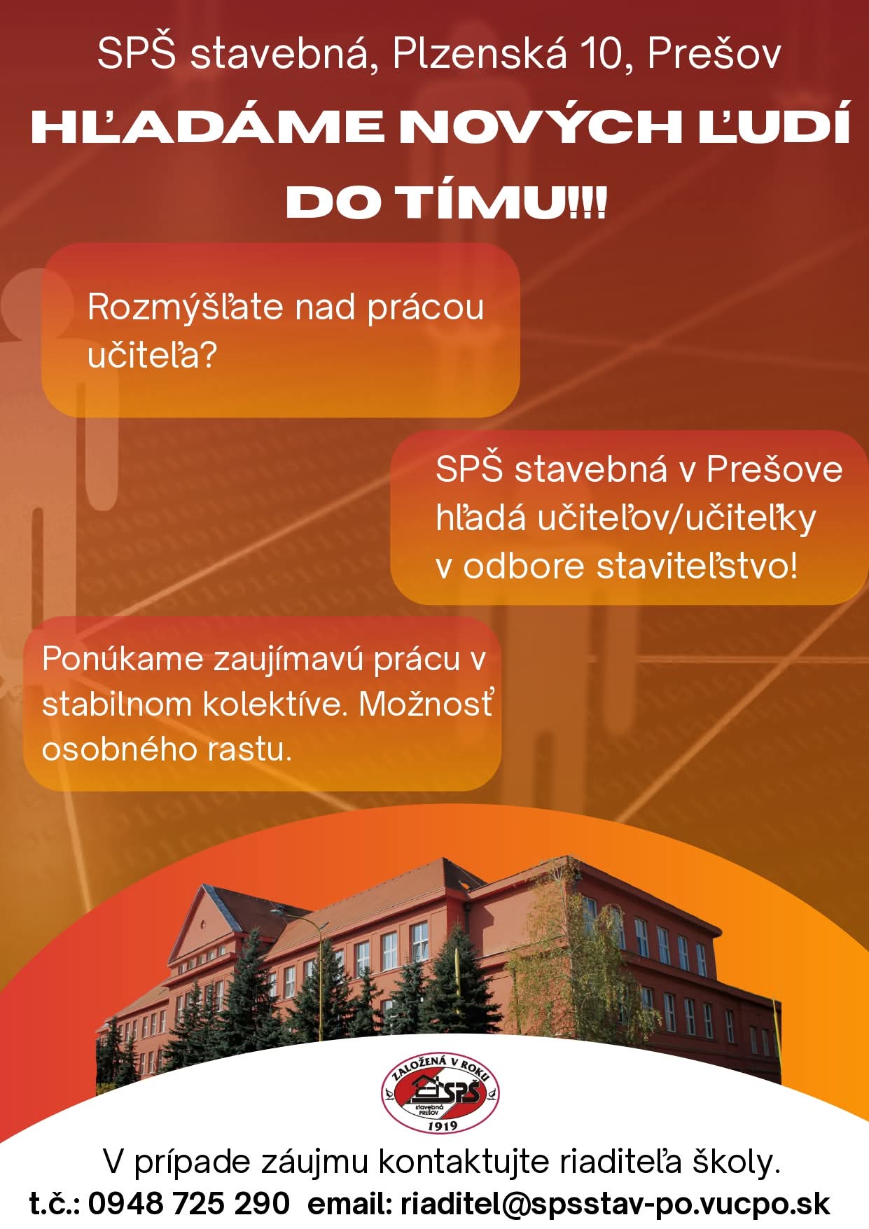 Hľadáme nových ľudí do tímu – SPŠ stavebná, Prešov