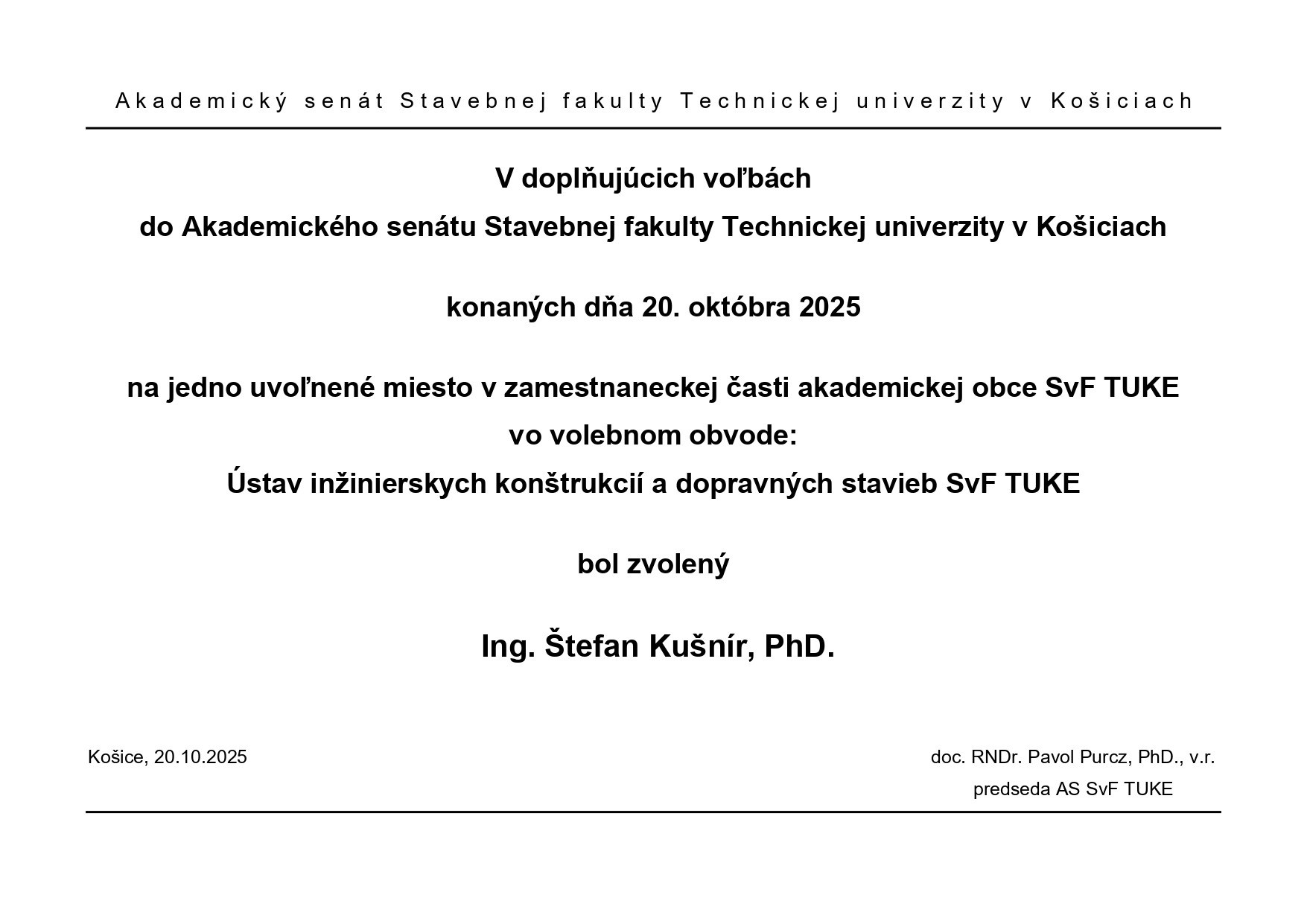 Vyhlásenie doplňujúcich volieb do AS SvF TUKE – zamestnanecká časť – IKDS