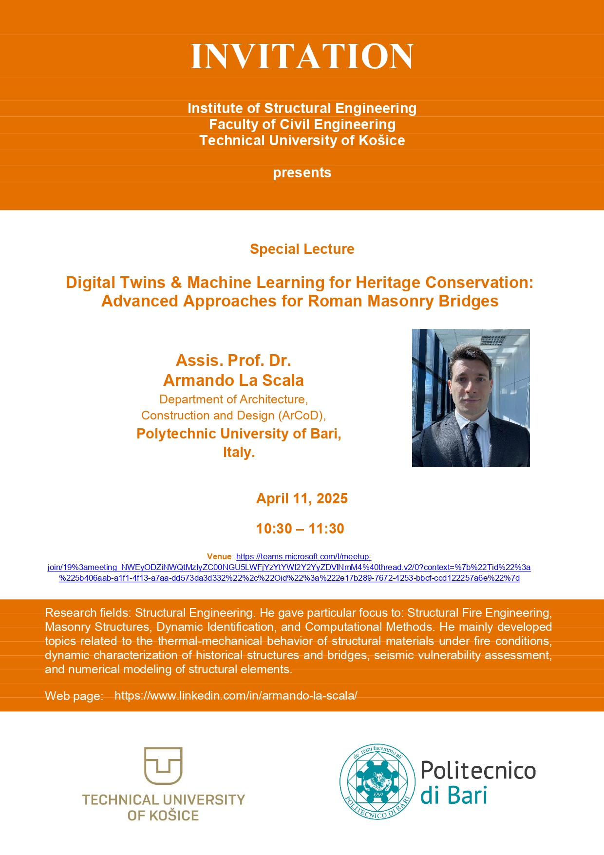 Pozvánka na prednášku „Digital Twins & Machine Learning for Heritage Conservation: Advanced Approaches for Roman Masonry Bridges“