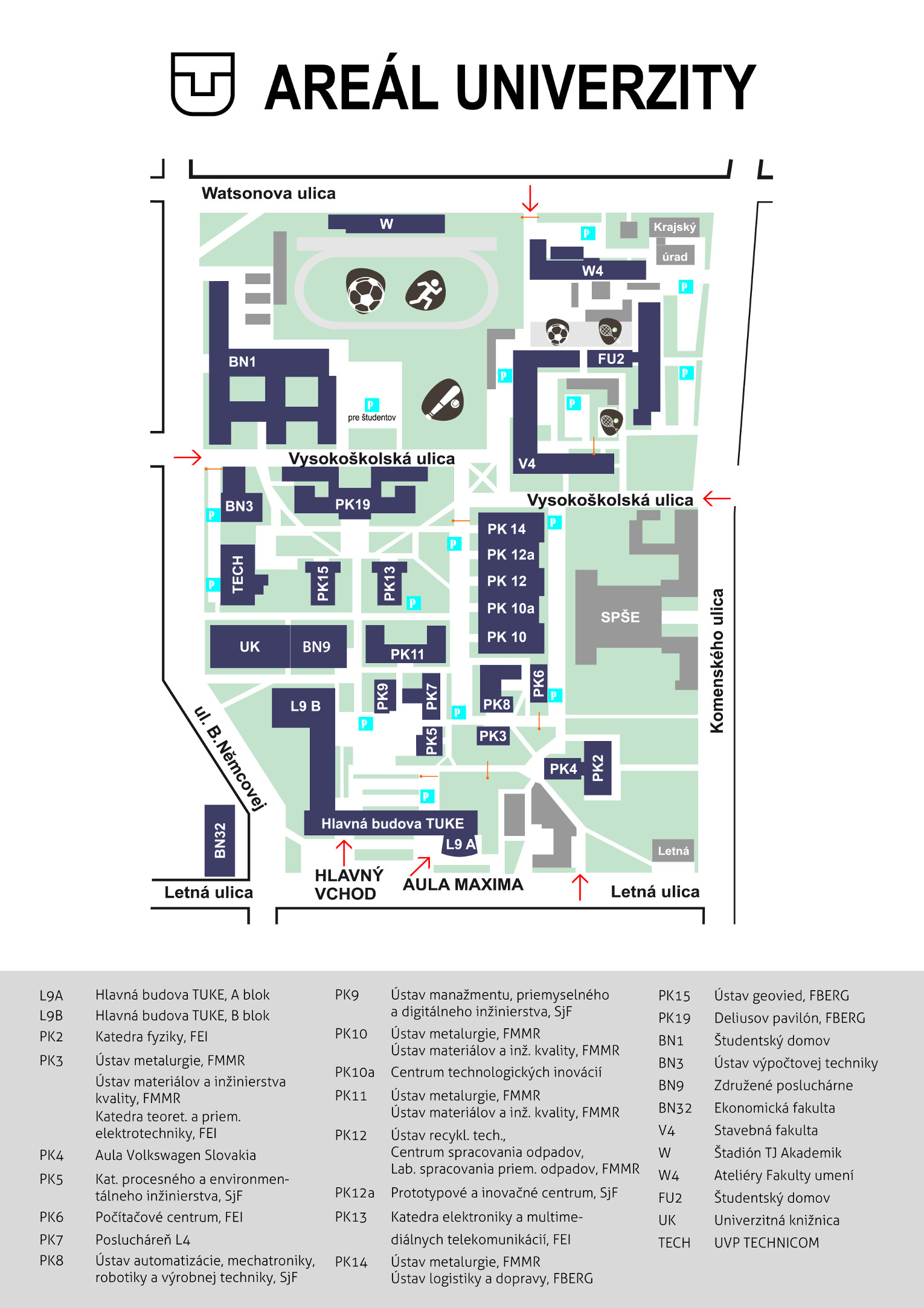 Mapa areálu Technickej univerzity v Košiciach