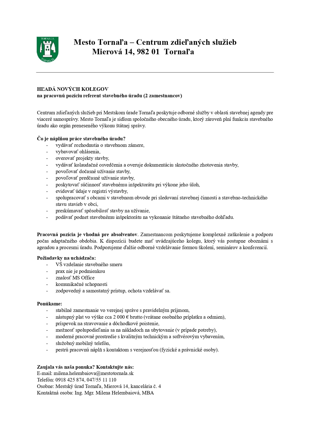 Pracovná pozícia – referent stavebného úradu (Tornaľa)