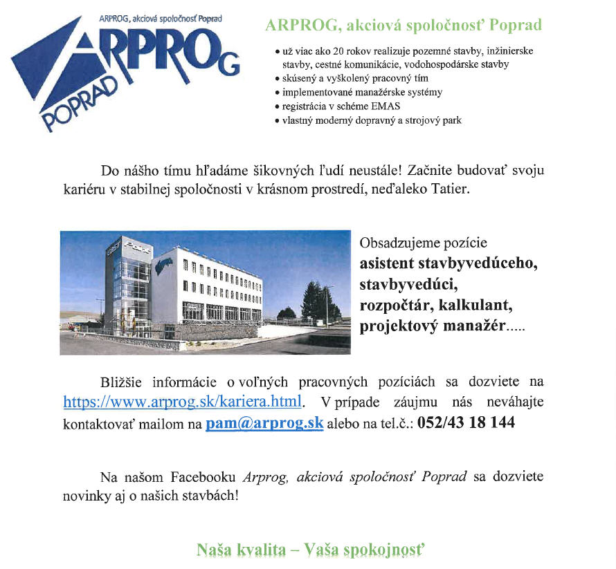 Pracovné ponuky v ARPROG, akciová spoločnosť Poprad