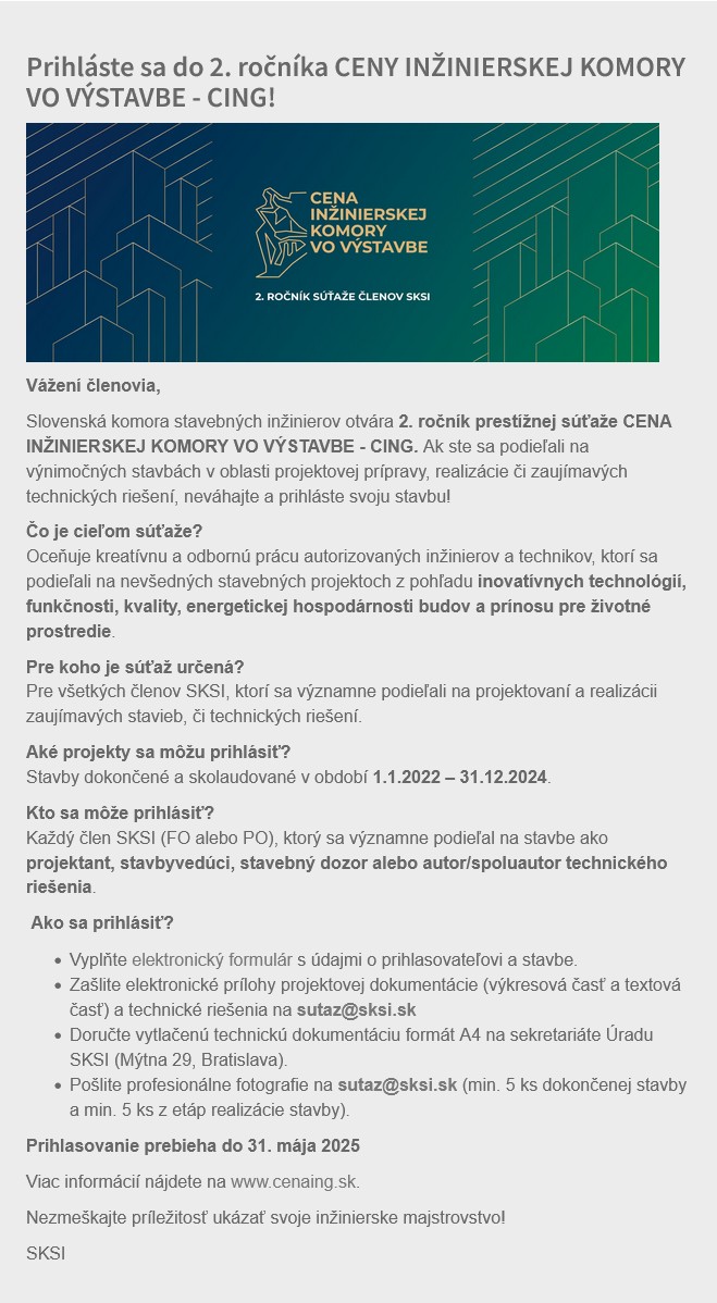 Prihláste sa do 2. ročníka CENY INŽINIERSKEJ KOMORY VO VÝSTAVBE - CING!