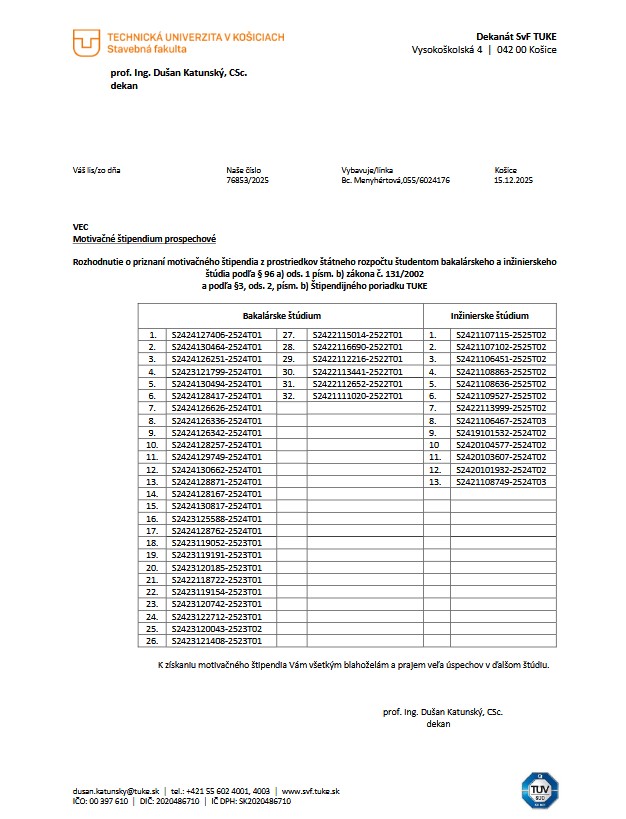 Zoznam o pridelení motivačného prospechového &scaron;tipendia
